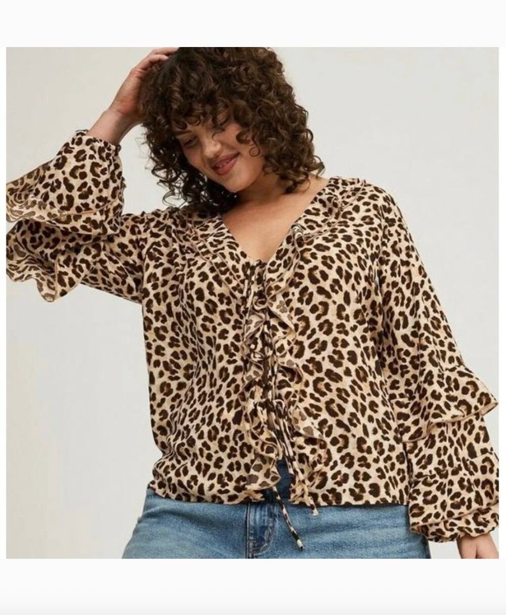 TORRID Leopard Print Georgette Tie Front Ruffle Sleeve Top Size 00 (M/L 10) NWT